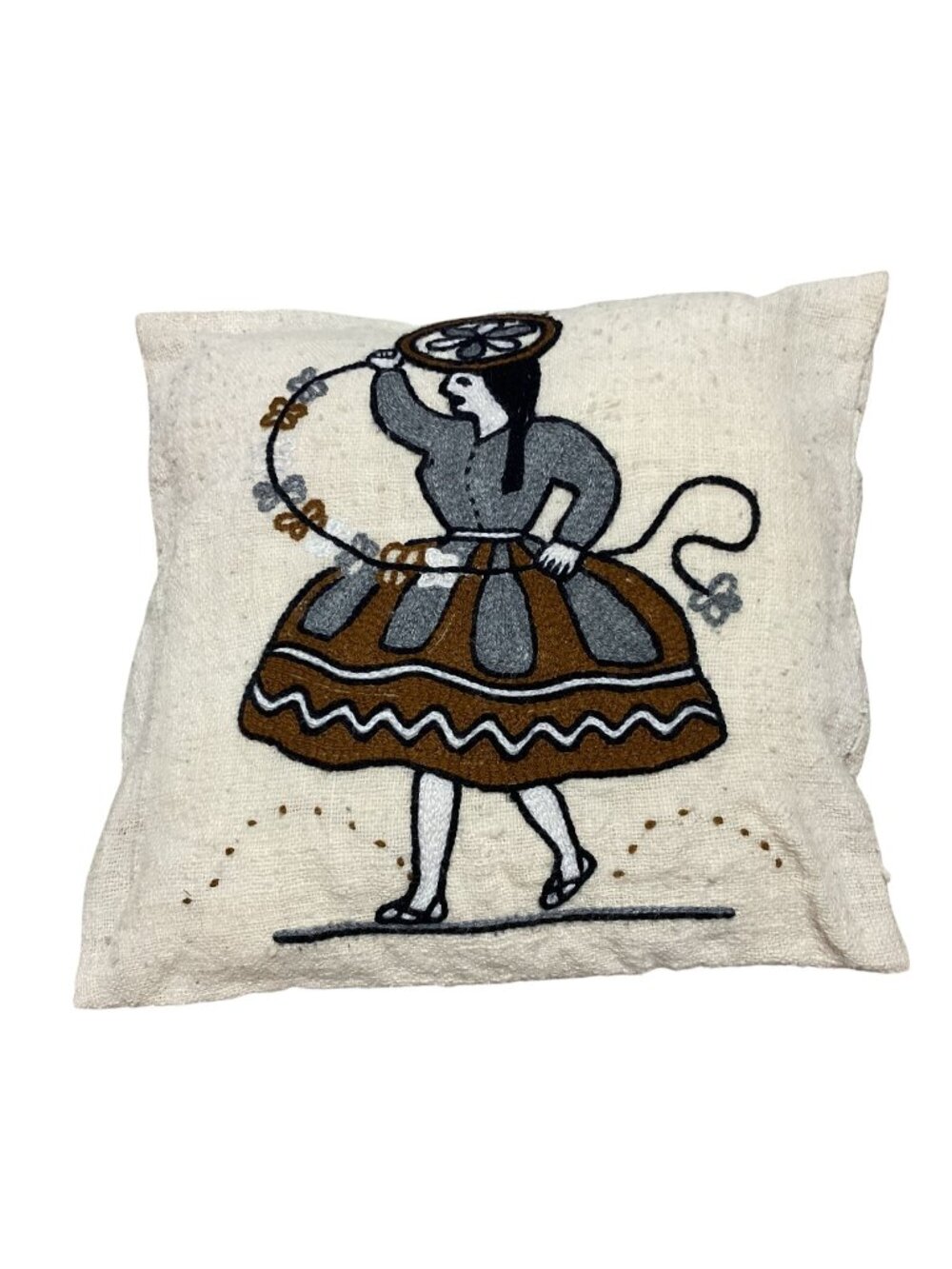 Peruvian Dancer Wool Pillow Folk Art Hand Embroidered Rear Zipper 16 x 16